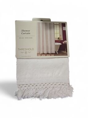 Threshold White Cotton Fringe Bath Curtain